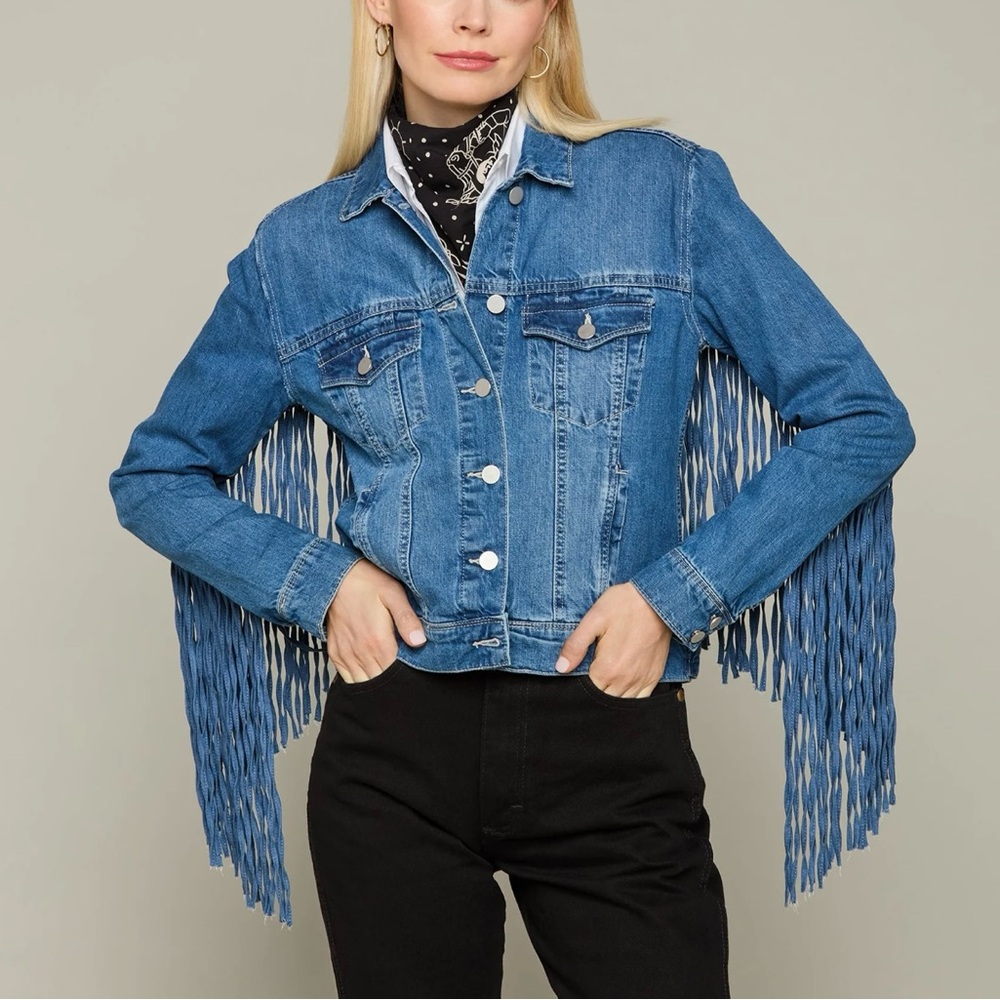 Carole Christian Fringe Western Blue Denim Cowboy Jacket Size Small